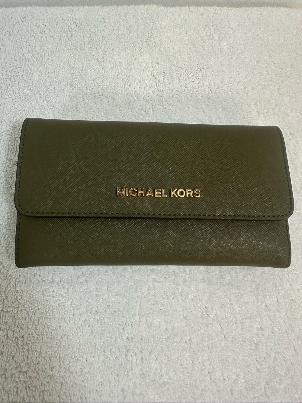 Michael Kors Olive Green Saffiano Leather Card Case with Gold Logo